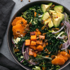 Shaved Brussels Kale Salad with Butternut Squash, Mandarins, and Candied Pistachios