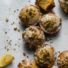 Lemon Pistachio Muffins with Lemon Glaze and Candied Pistachios