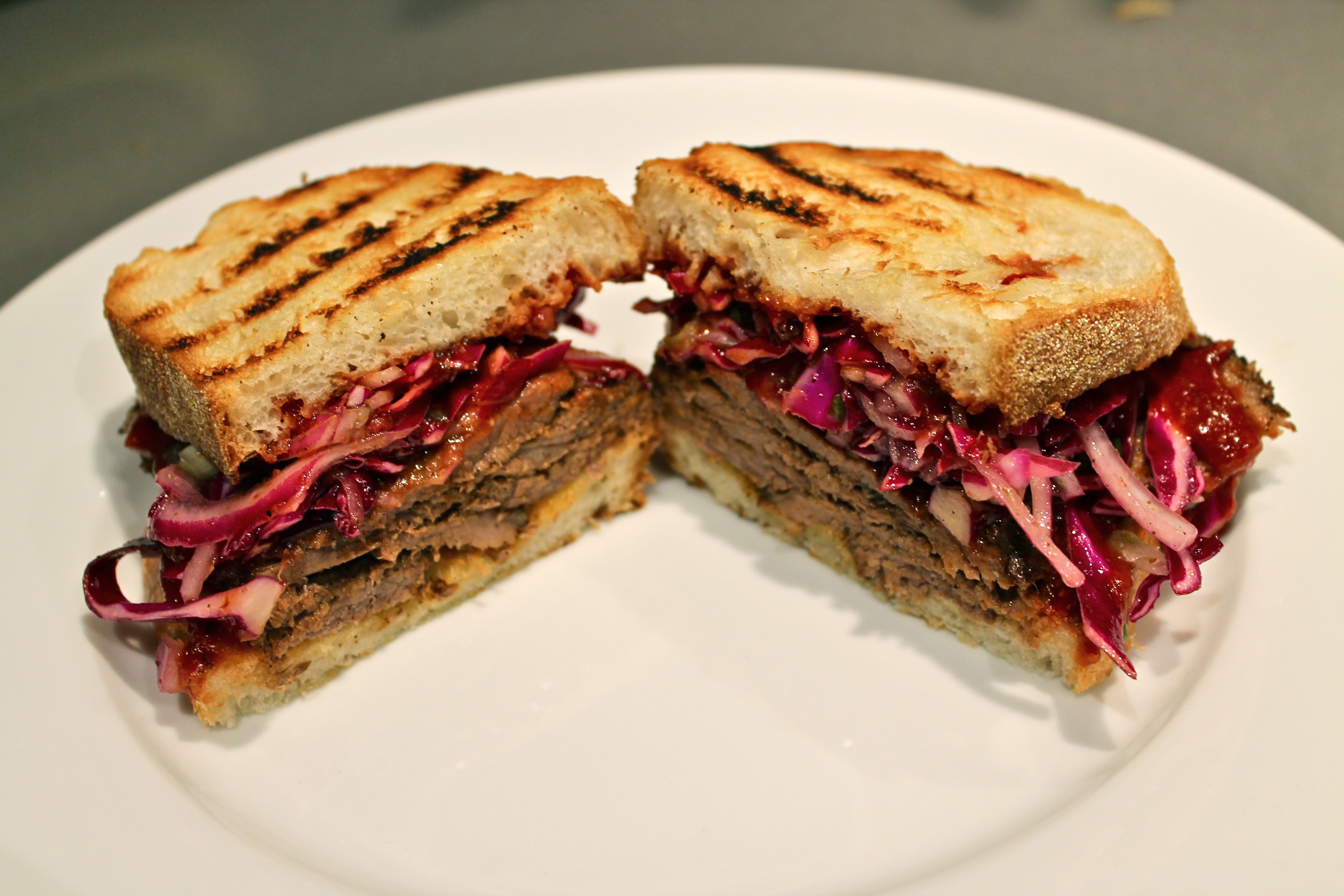 Coffee Chili Rubbed Brisket Sandwiches with Red Cabbage Slaw and  Tangy BBQ Sauce