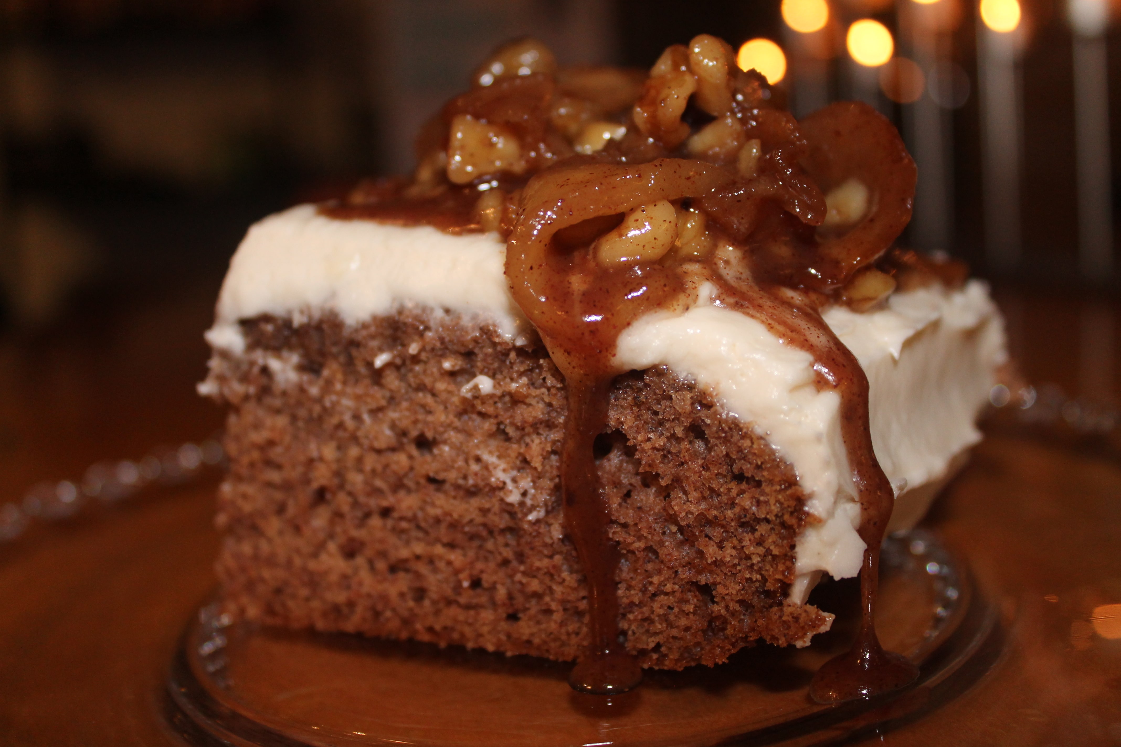 Spice Cake with Cream Cheese Frosting and Caramelized Apple Walnut Topping
