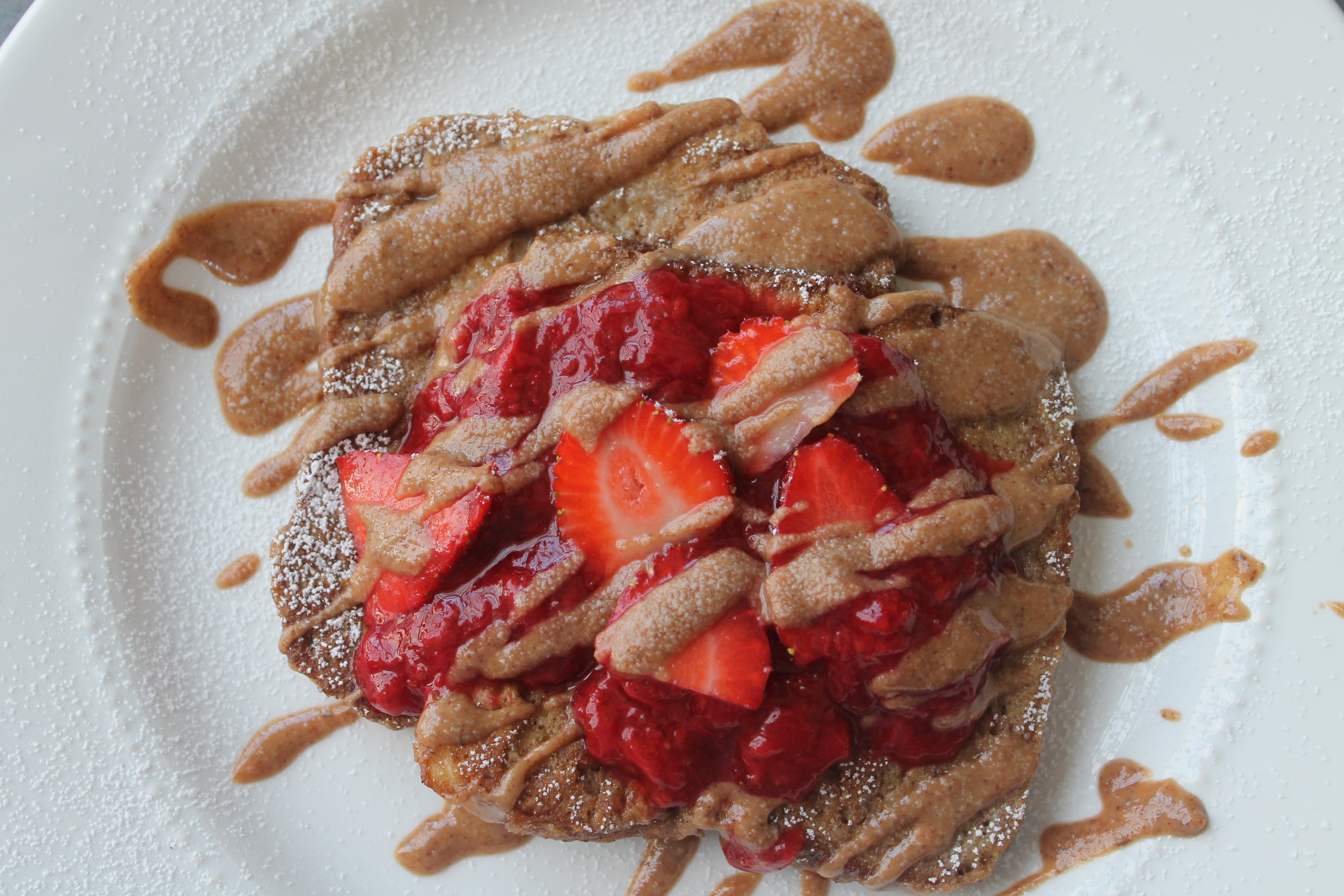 Strawberry French Toast with Honey Almond Coconut Drizzle + Strawberry Banana Almond Milk Smoothie