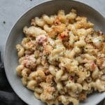Overhead close up shot of a bowl of lobster mac and cheese