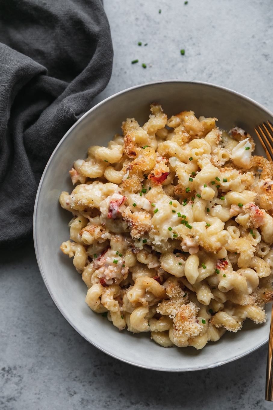 Overhead close up shot of a bowl of lobster mac and cheese