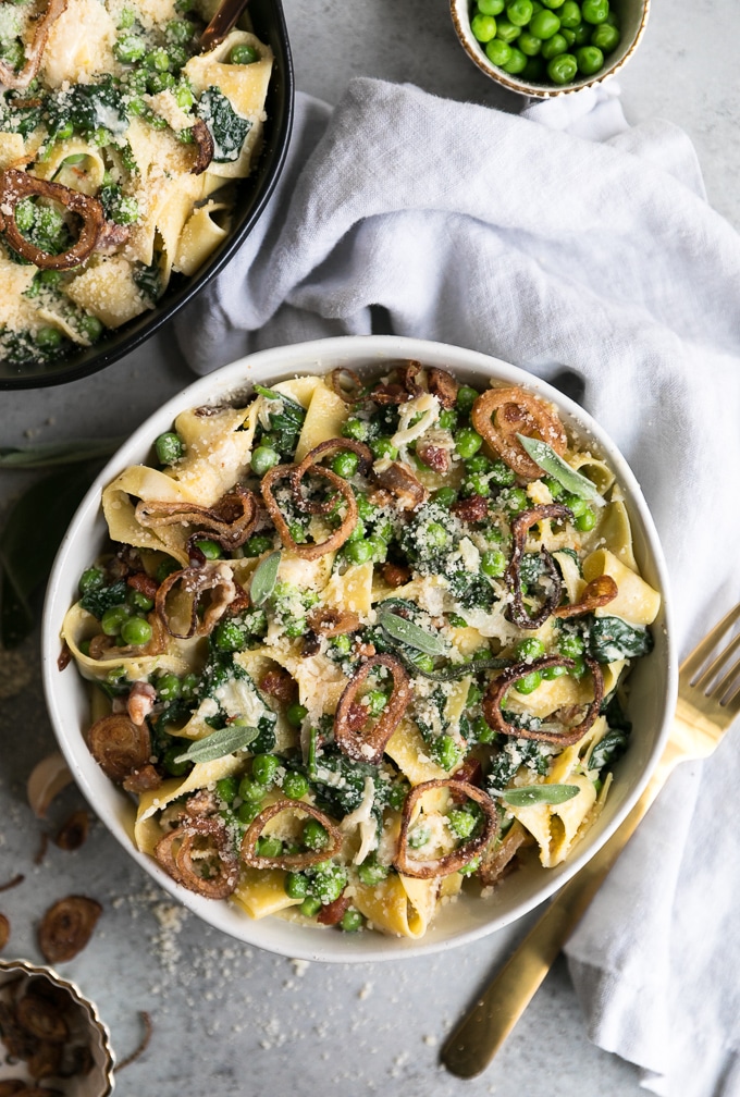 Creamy Pappardelle with Pancetta, Peas, Spinach, and Shallot Crisps