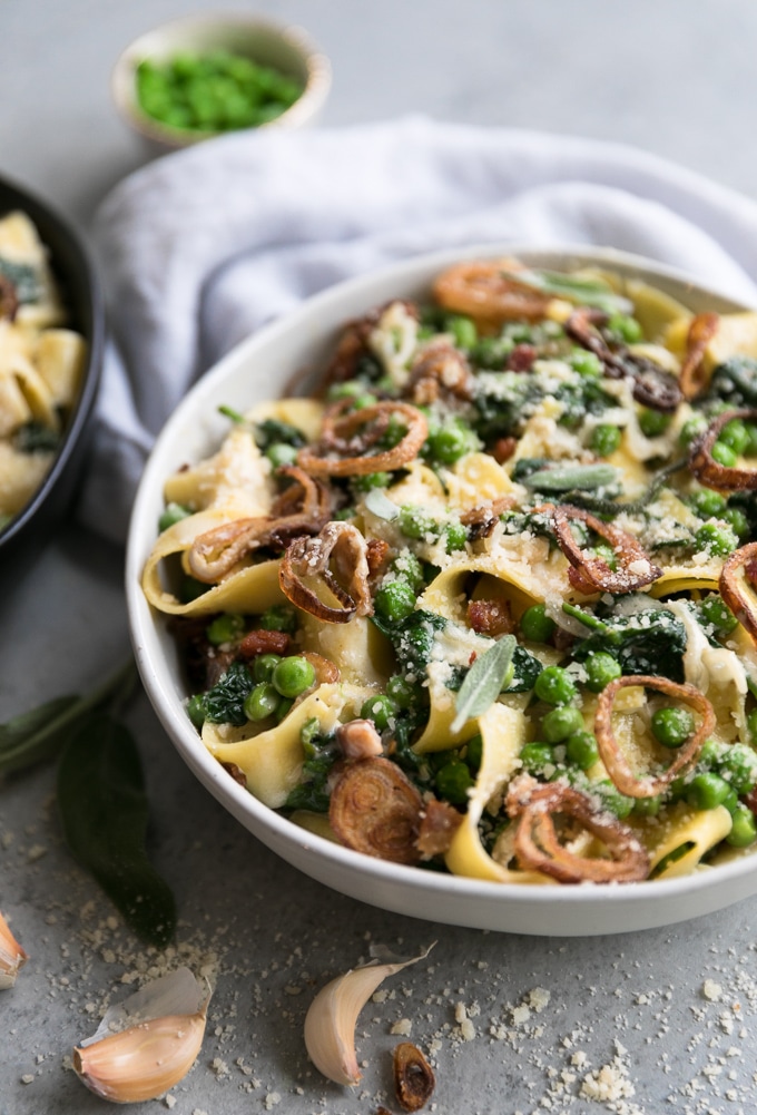Creamy Pappardelle with Pancetta, Peas, Spinach, and Shallot Crisps