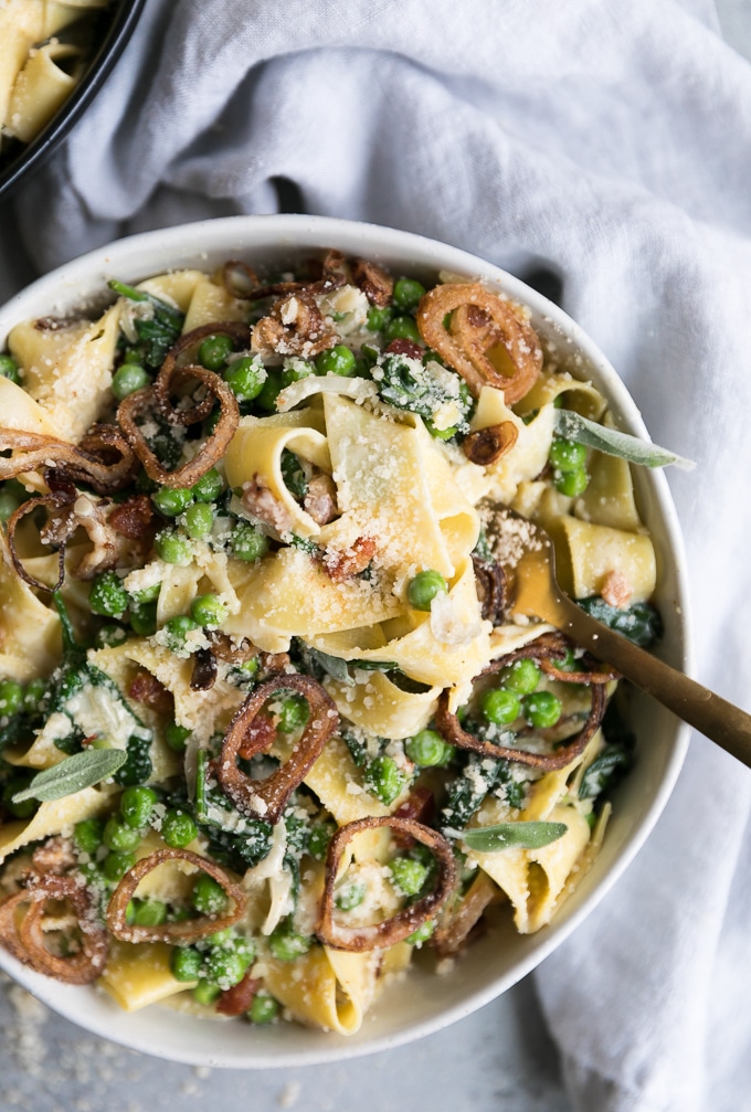 Creamy Pappardelle with Pancetta, Peas, Spinach, and Shallot Crisps