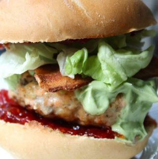 “BLT” Salmon Burgers with Bacon + Spicy Tomato Jam + Avocado Cream