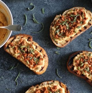Pumpkin Ricotta Grilled Toasts with Chorizo, Sage, and Toasted Pepitas