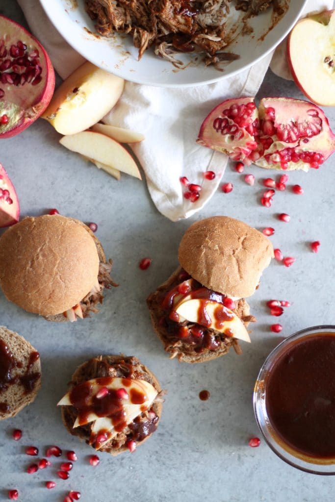 Apple Cider Pulled Pork Sliders with Pomegranate Bourbon BBQ Sauce