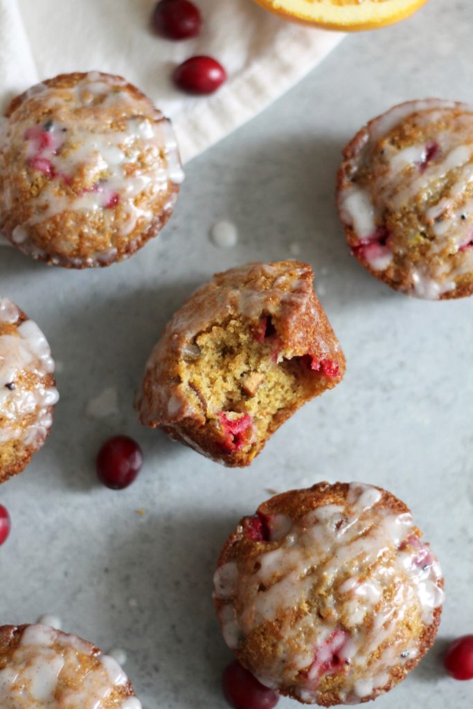Whole Wheat Cranberry Orange Pistachio Muffins with Vanilla Bean Glaze