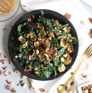 Crispy Brussels Kale Salad with Maple Bacon Dressing and Toasted Hazelnuts