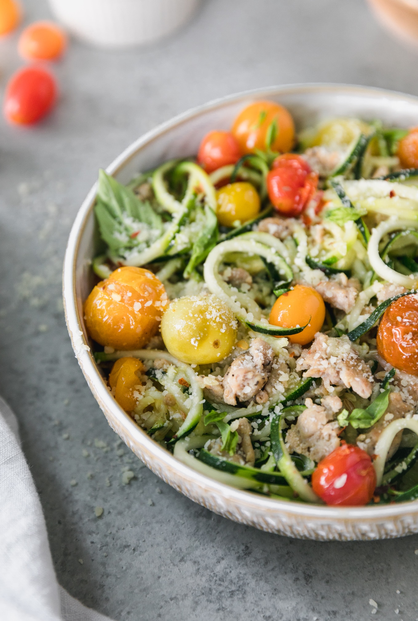 Garlic Roasted Tomato Chicken Sausage Zucchini Noodles