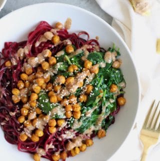 Beet Noodle Bowls with Turmeric Roasted Chickpeas, Spinach, and Ginger Almond Butter Dressing