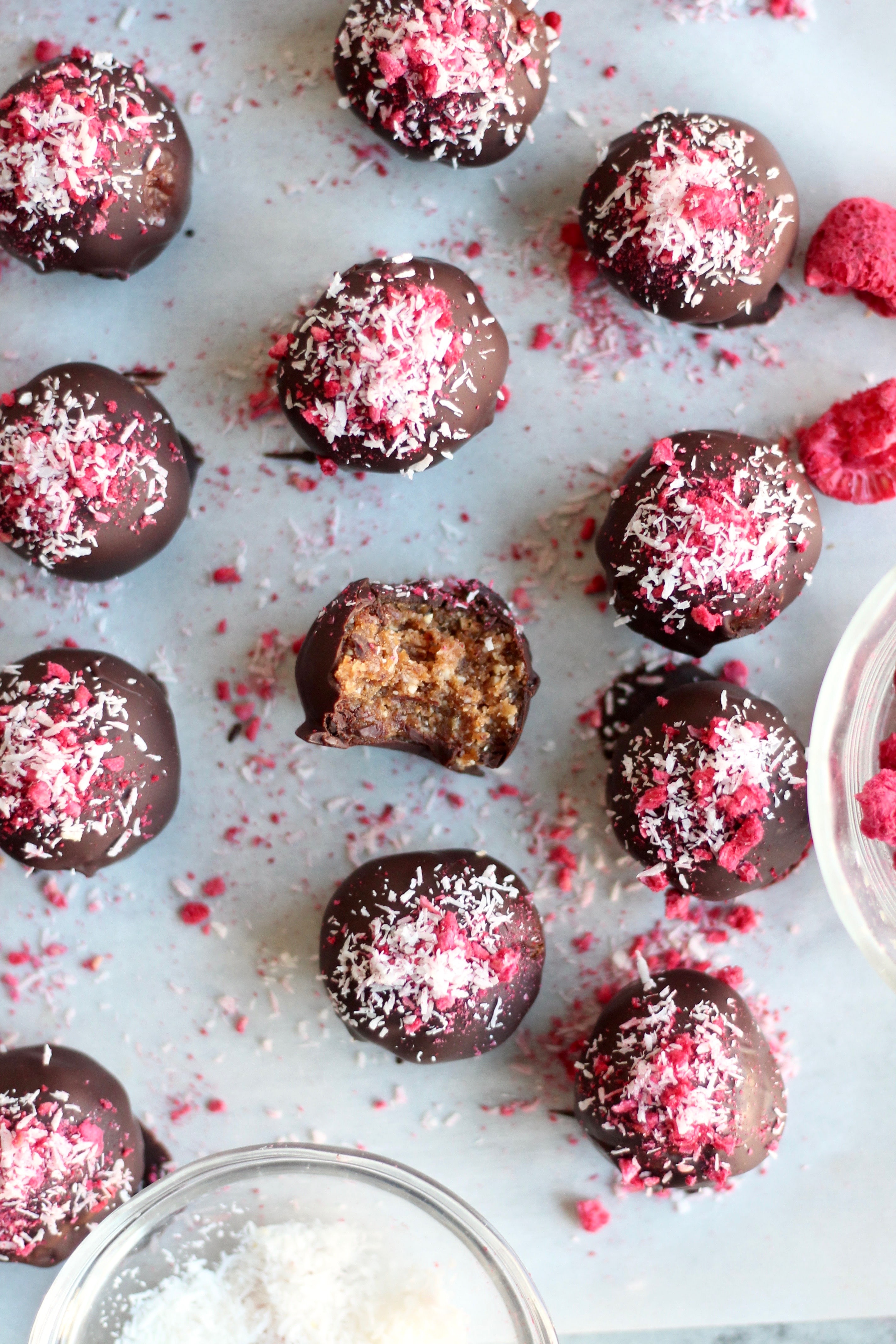 Raspberry Chocolate Coconut Peanut Butter Energy Bite Truffles