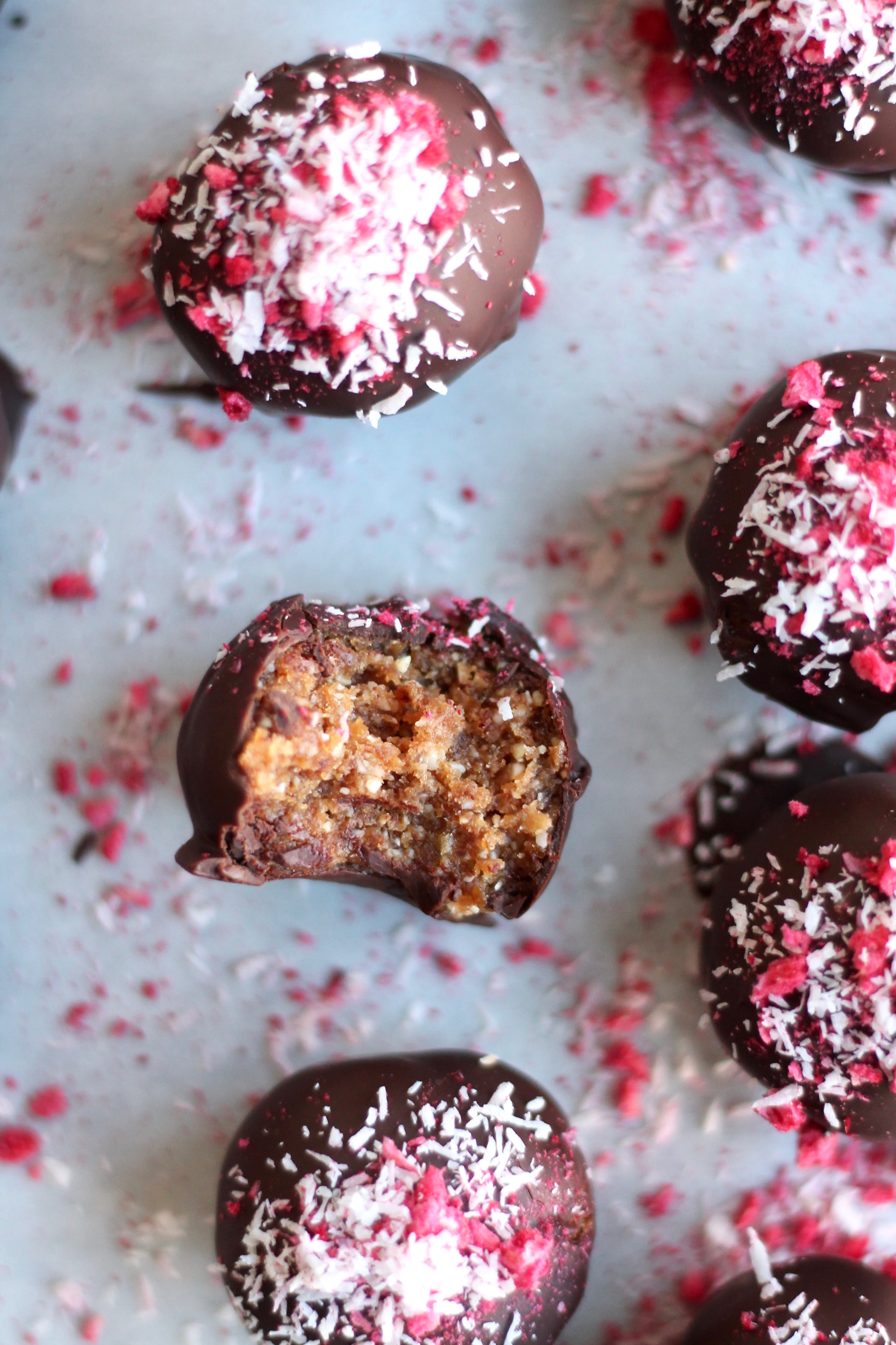 Raspberry Chocolate Coconut Peanut Butter Energy Bite Truffles
