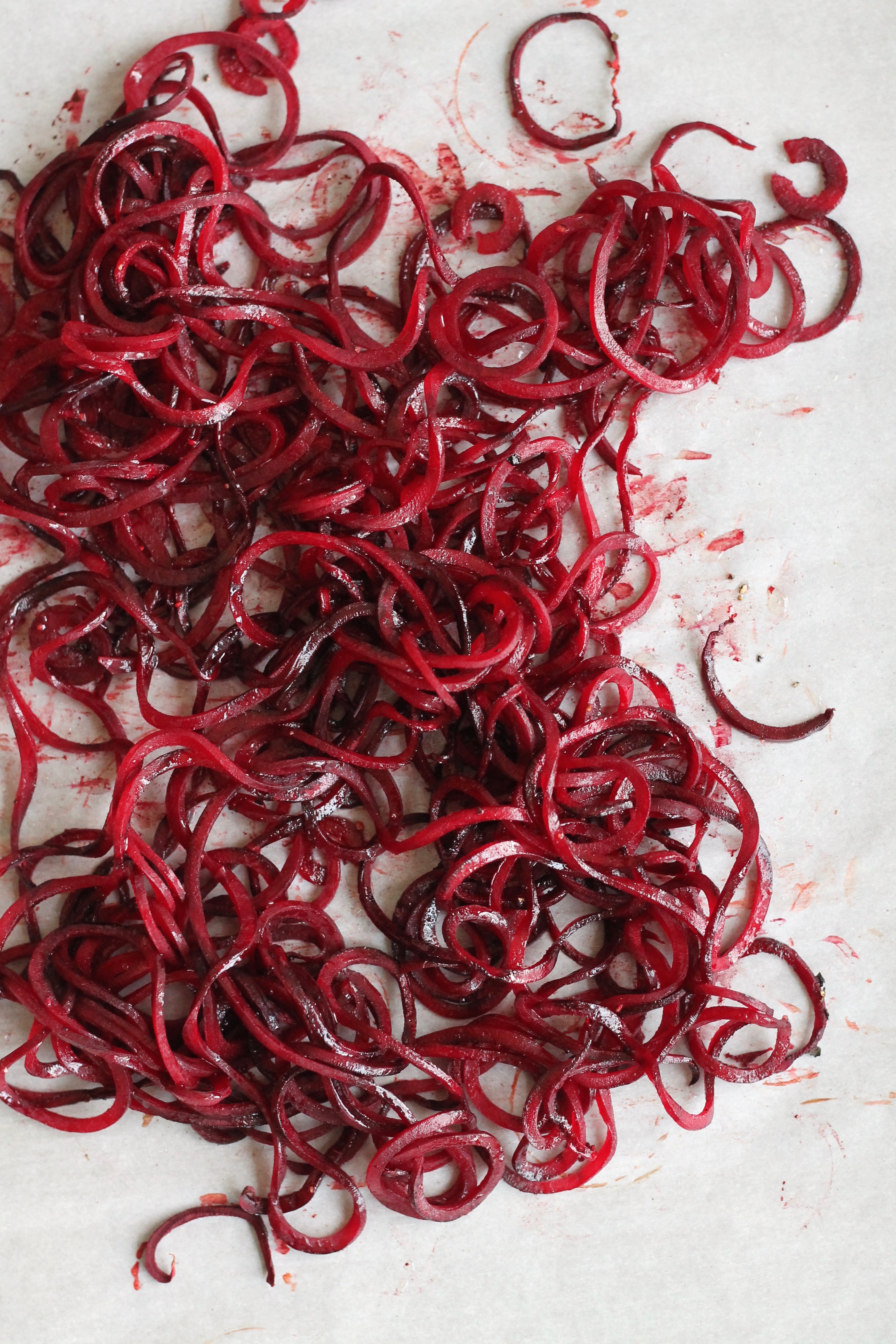Overhead shot of roasted beet noodles
