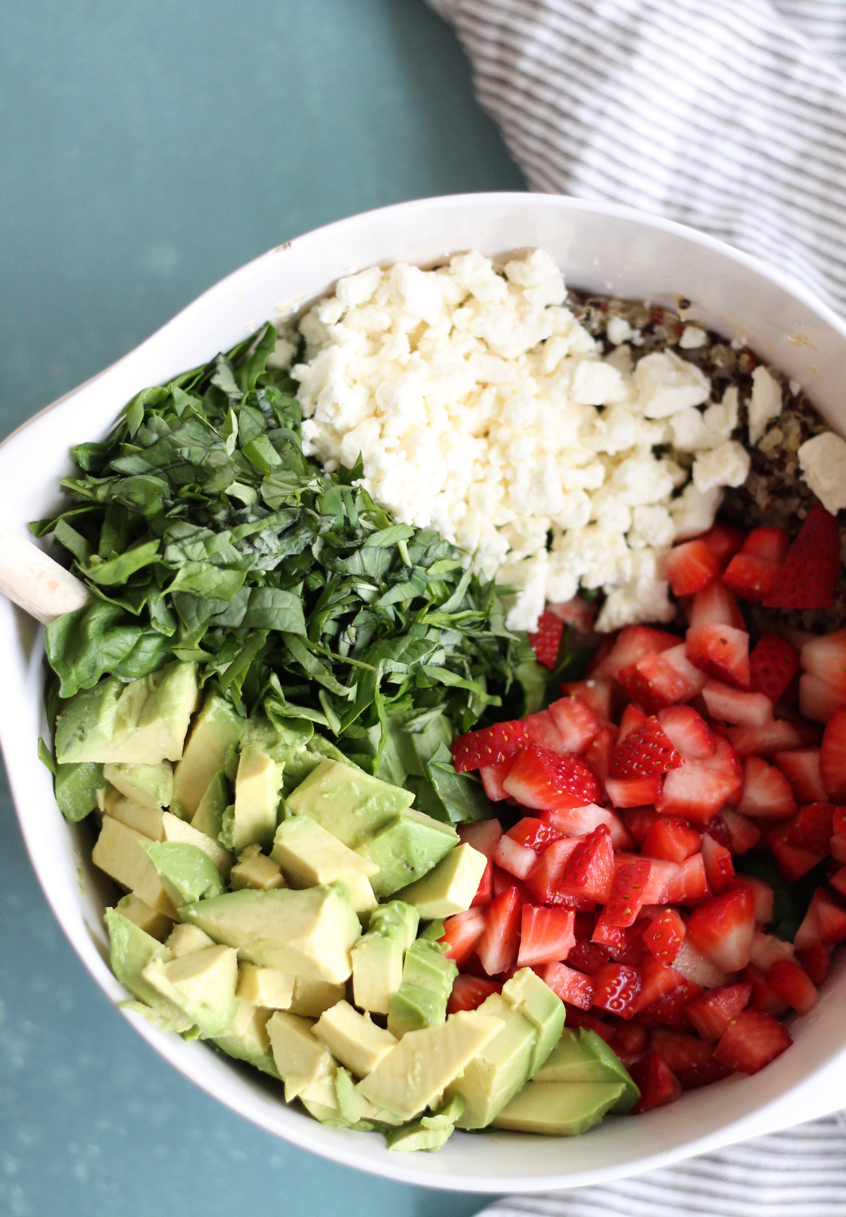 Strawberry Avocado Feta Spinach Quinoa Salad with Basil and Balsamic
