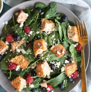 Spinach Power Salads with Salmon and Lemon Honey Basil Vinaigrette