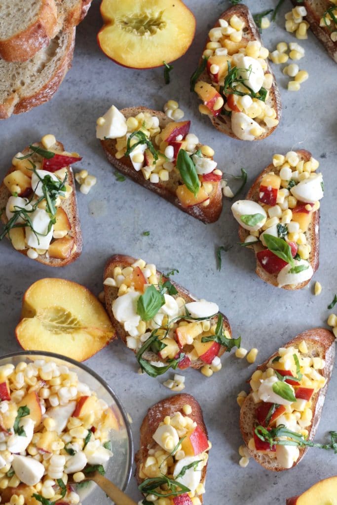 Peach Corn Mozzarella Basil Bruschetta