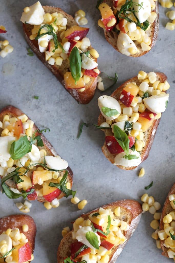Peach Corn Mozzarella Basil Bruschetta