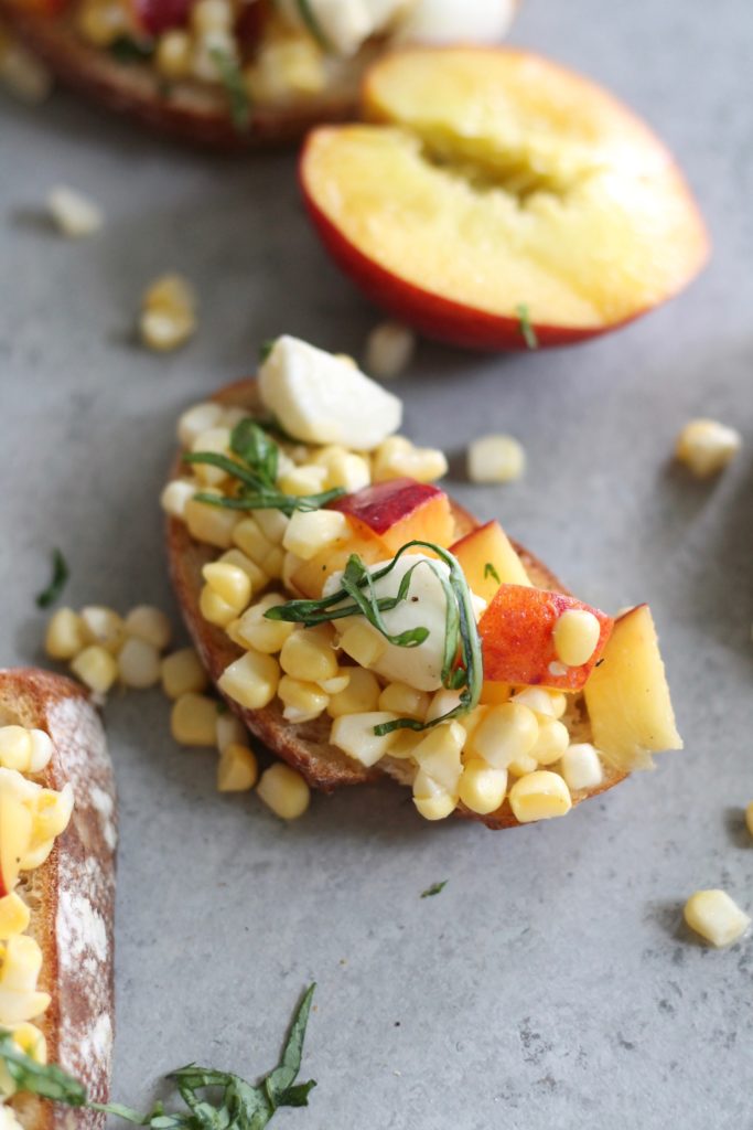 Peach Corn Mozzarella Basil Bruschetta