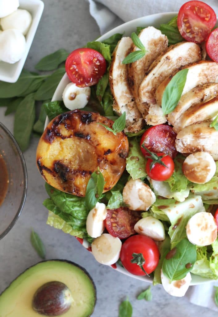 Grilled Peach Caprese Salad with Chicken and Avocado