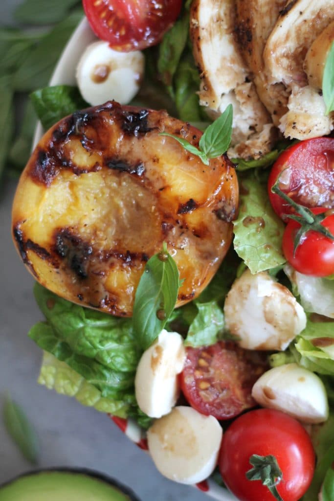 Grilled Peach Caprese Salad with Chicken and Avocado