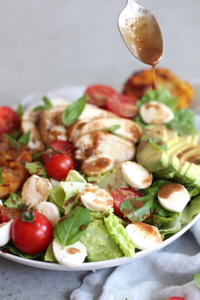 Grilled Peach Caprese Salad with Chicken and Avocado