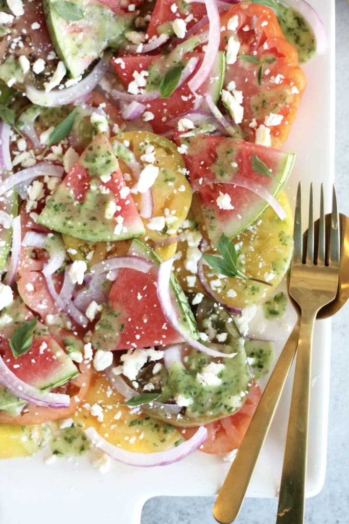 Heirloom Tomato Watermelon Salad with Feta, Red Onion, and Herb Vinaigrette