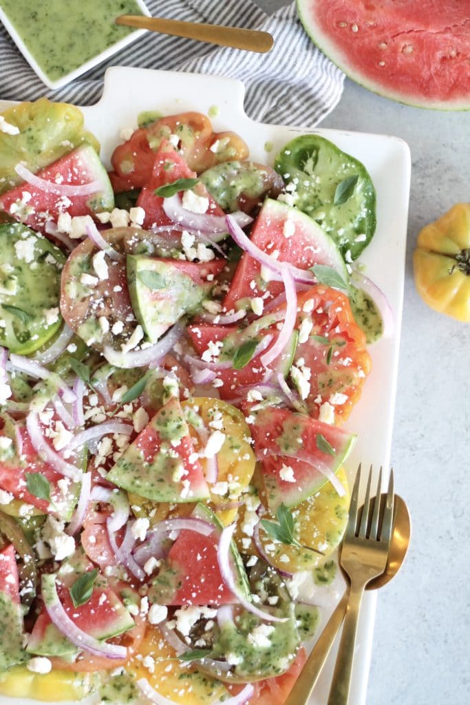 Heirloom Tomato Watermelon Salad with Feta, Red Onion, and Herb Vinaigrette