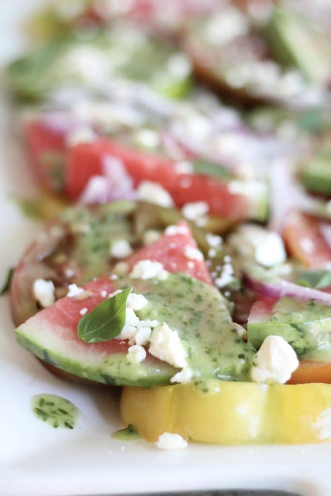 Heirloom Tomato Watermelon Salad with Feta, Red Onion, and Herb Vinaigrette