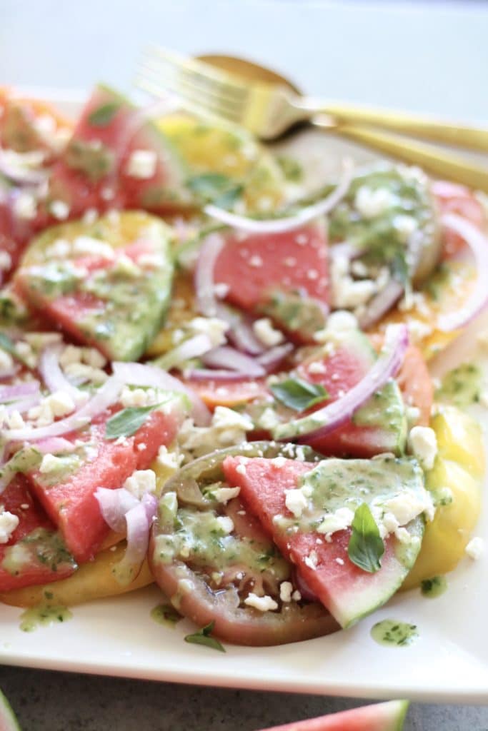 Heirloom Tomato Watermelon Salad with Feta, Red Onion, and Herb Vinaigrette