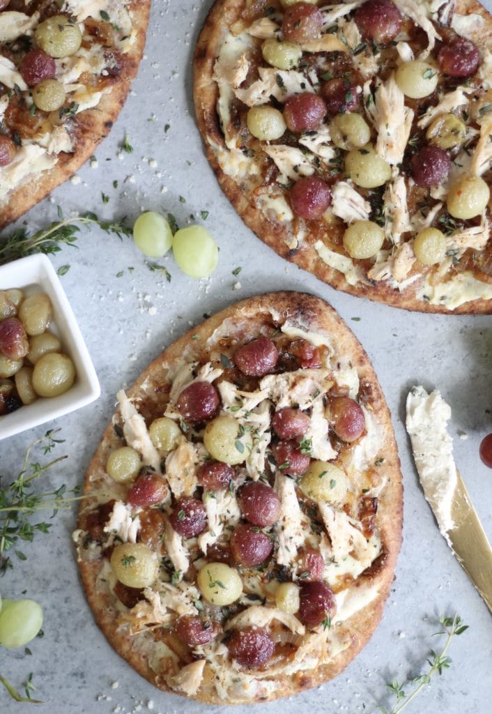 Roasted Grape Caramelized Onion Chicken Flatbreads with Garlic Herb Cheese