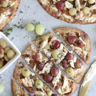Roasted Grape Caramelized Onion Chicken Flatbreads with Garlic Herb Cheese