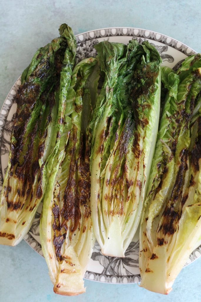 Grilled Romaine Salad with Creamy Lemon Dressing and Garlic Butter Croutons