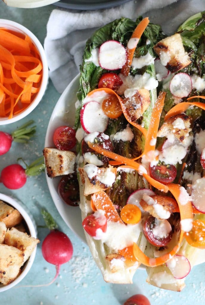 Grilled Romaine Salad with Creamy Lemon Dressing and Garlic Butter Croutons