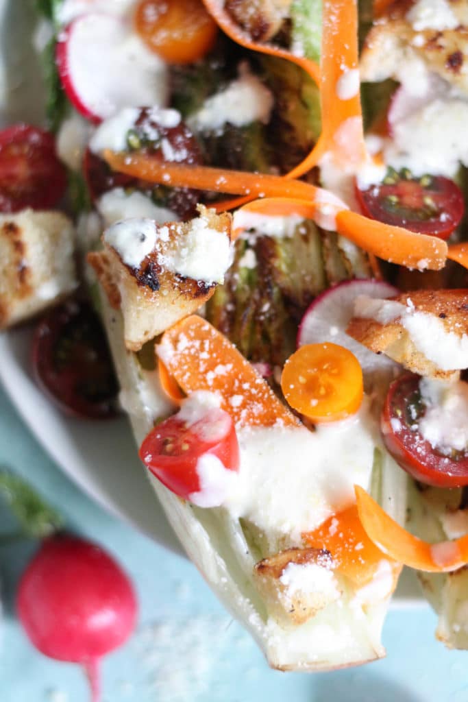 Grilled Romaine Salad with Creamy Lemon Dressing and Garlic Butter Croutons