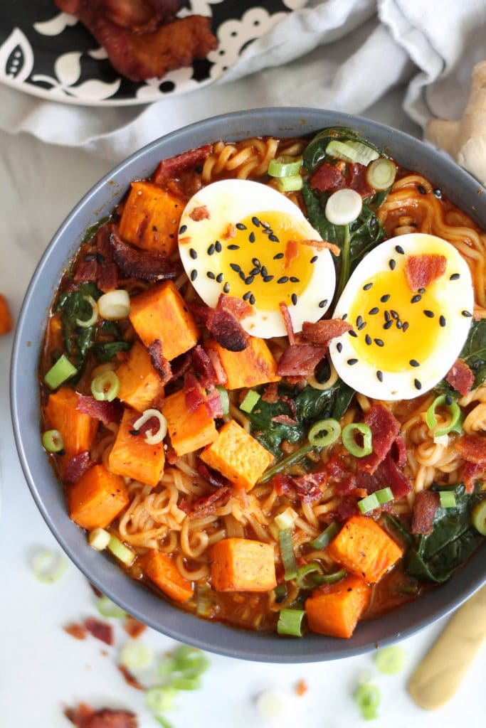 Roasted Sweet Potato Bacon Red Curry Ramen