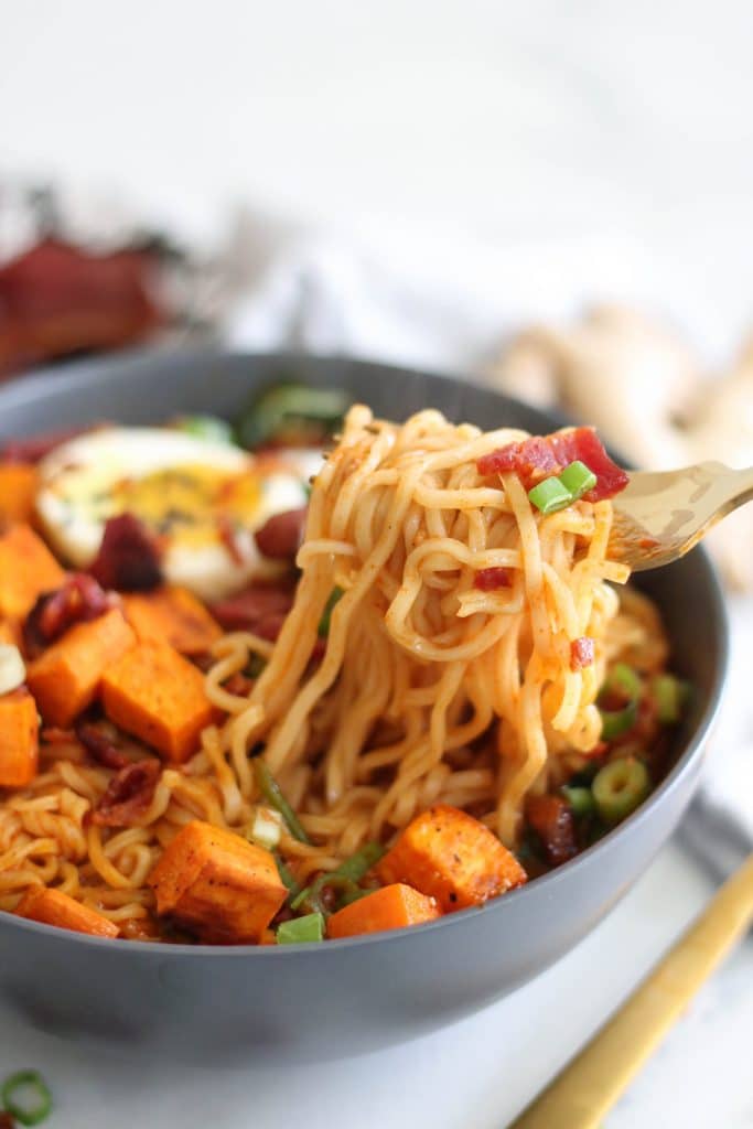 Roasted Sweet Potato Bacon Red Curry Ramen
