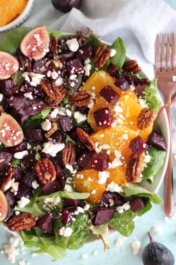 Beet Salad with Figs, Feta, Quick Candied Pecans, and Maple Orange Dressing