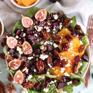 Beet Salad with Figs, Feta, Quick Candied Pecans, and Maple Orange Dressing