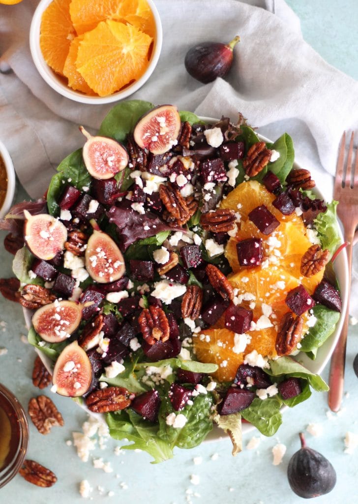 Beet Salad with Figs, Feta, Quick Candied Pecans, and Maple Orange Dressing