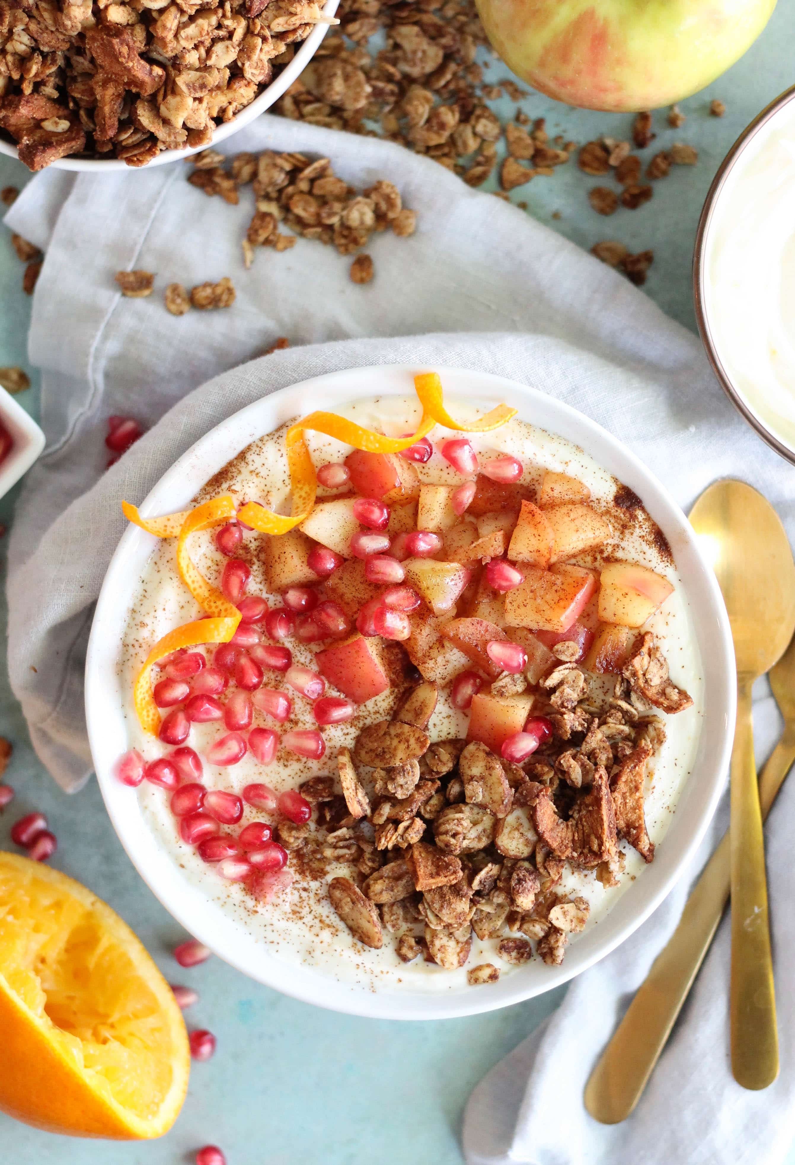 Orange Scented Yogurt Bowls with Cinnamon Apples and Apple Pie Granola