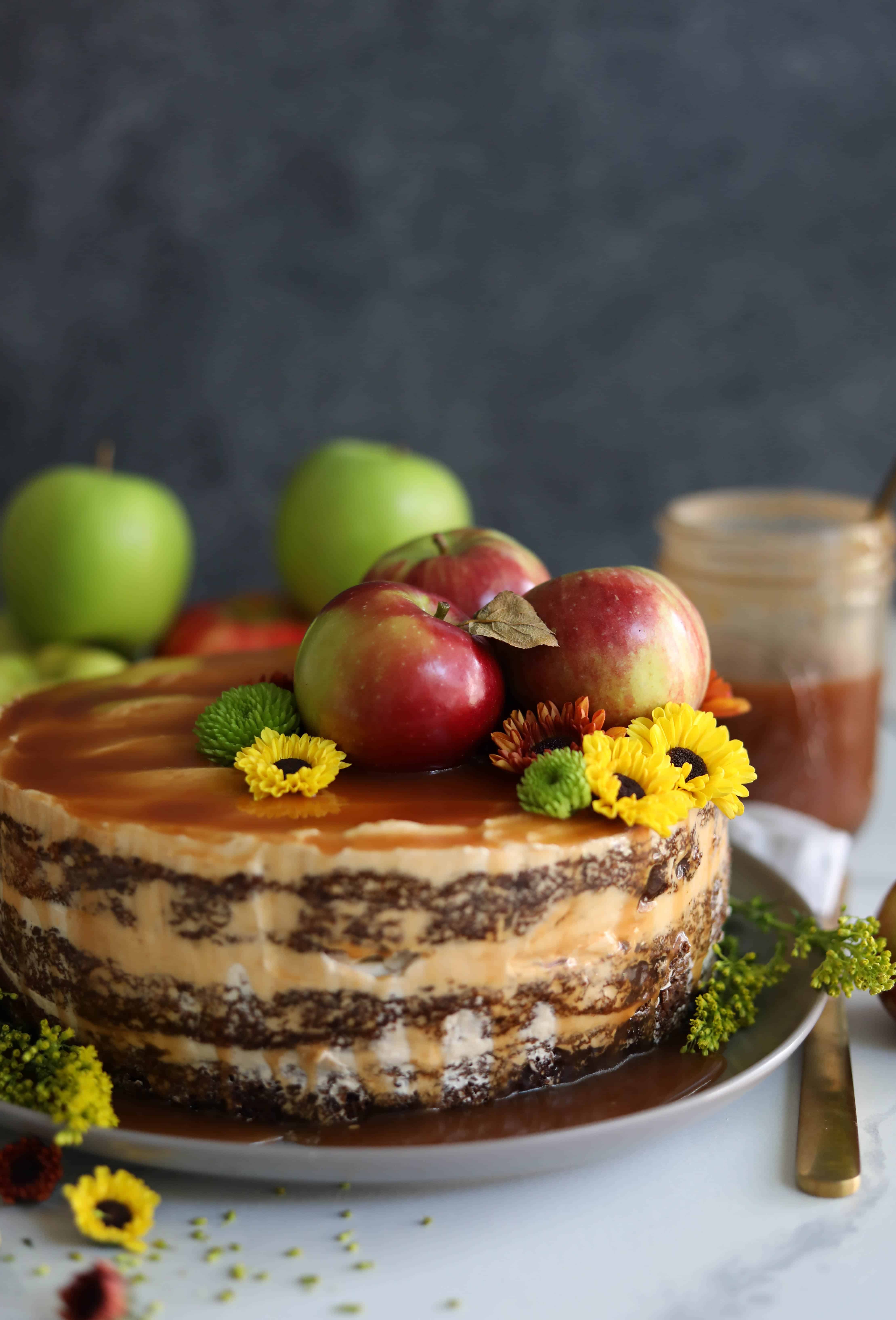 Spiced Apple Cake with Brown Sugar Buttercream and Apple Cider Bourbon Caramel