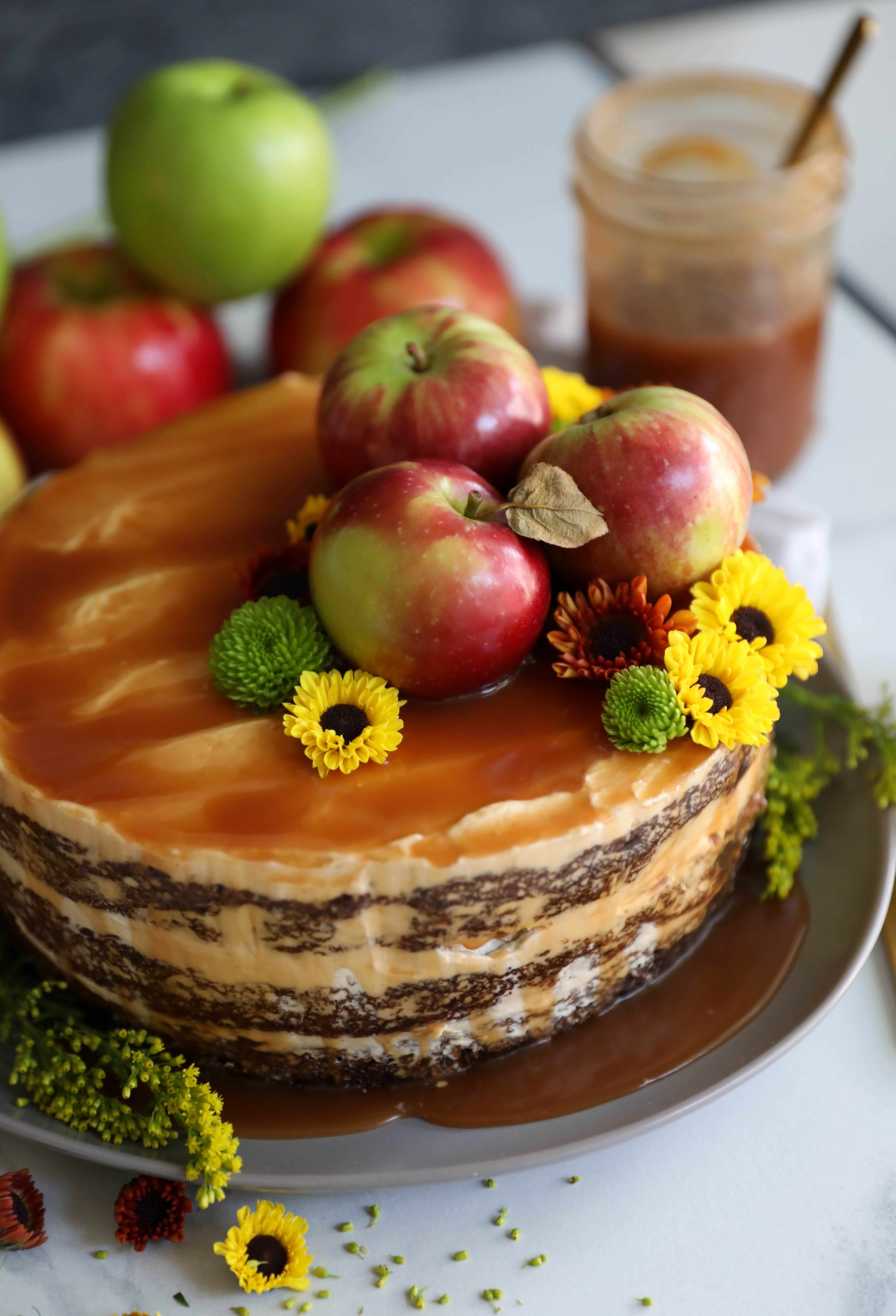 Spiced Apple Cake with Brown Sugar Buttercream and Apple Cider Bourbon Caramel