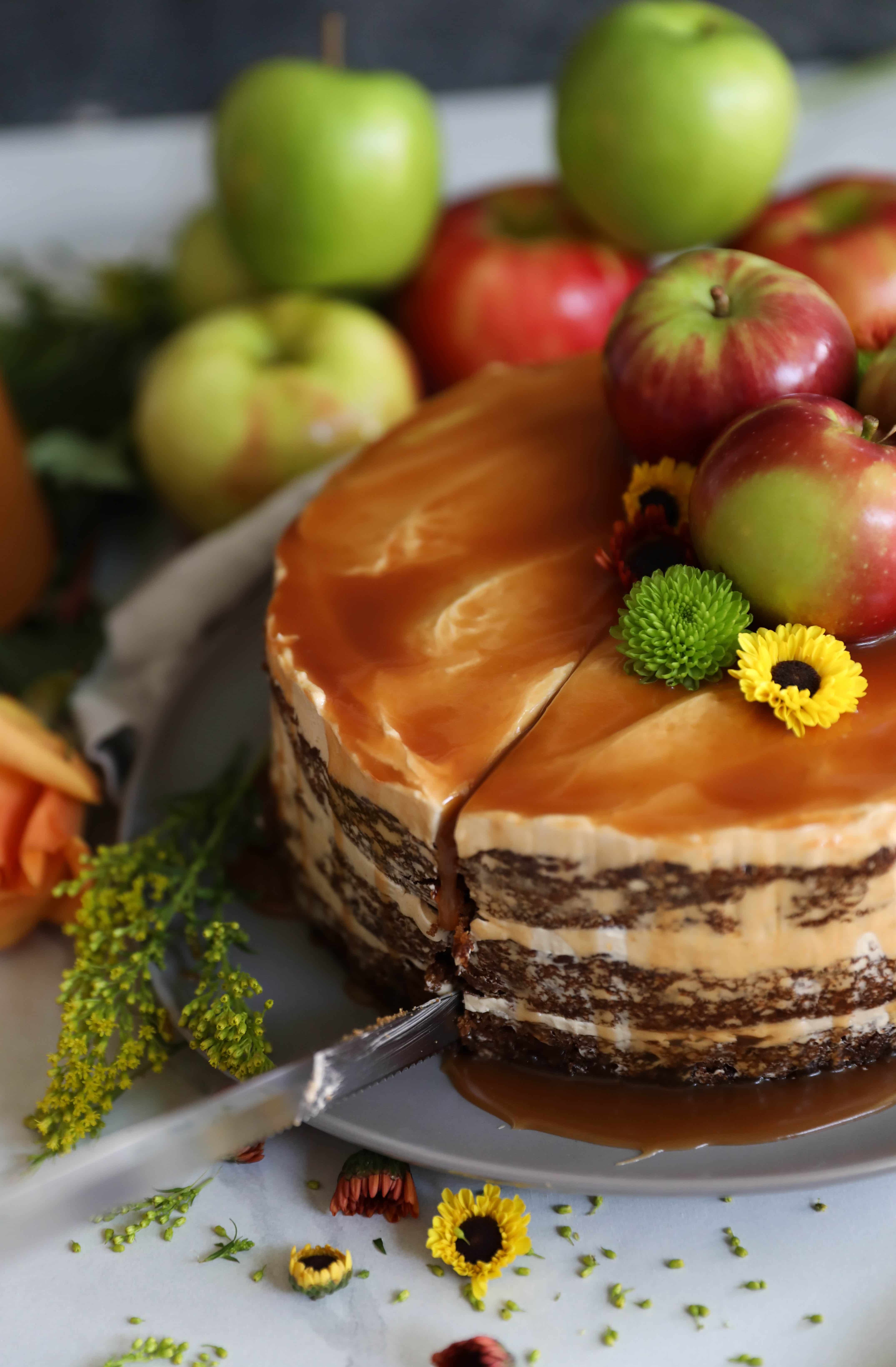 Spiced Apple Cake with Brown Sugar Buttercream and Apple Cider Bourbon Caramel
