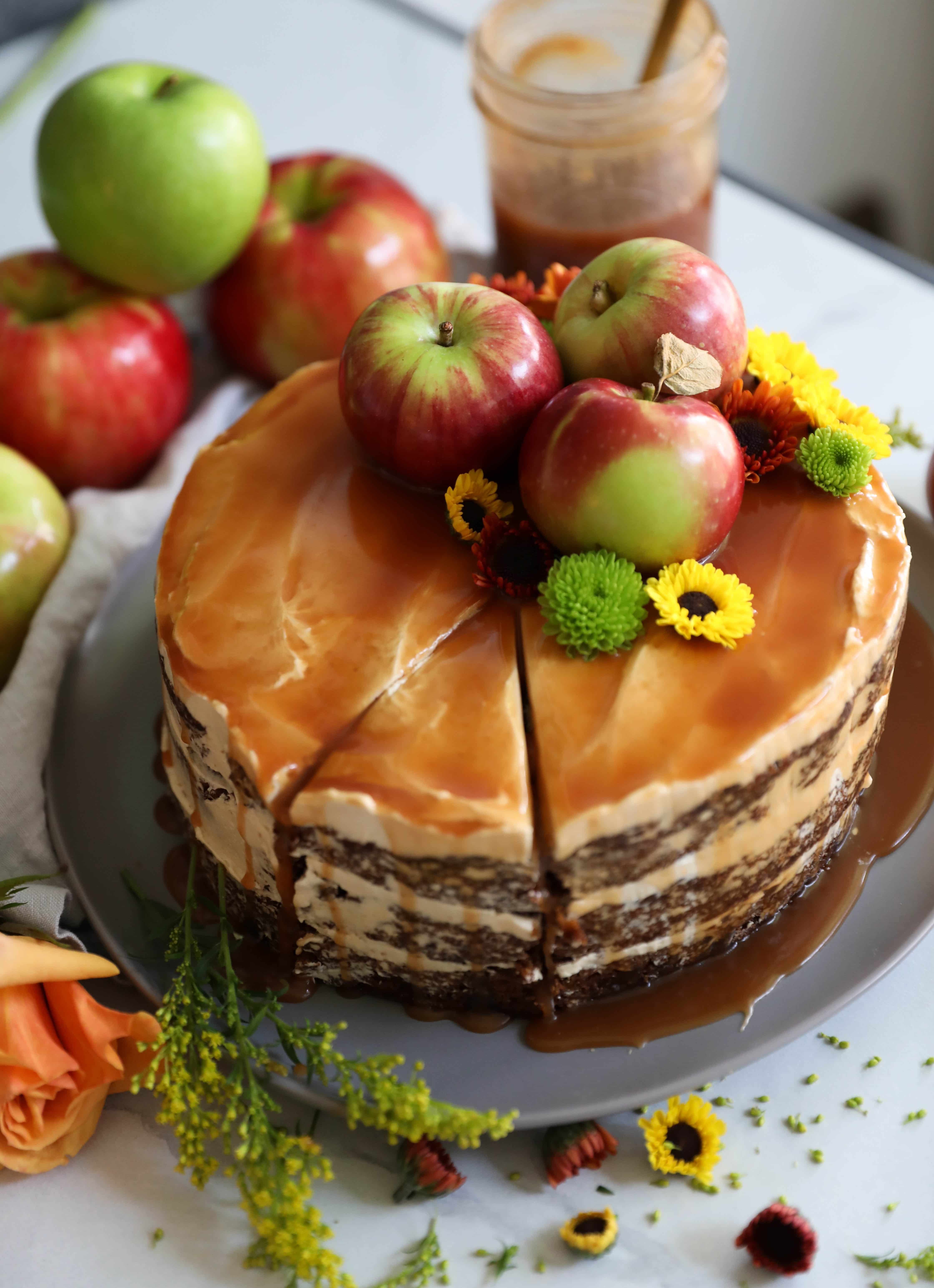 Spiced Apple Cake with Brown Sugar Buttercream and Apple Cider Bourbon Caramel