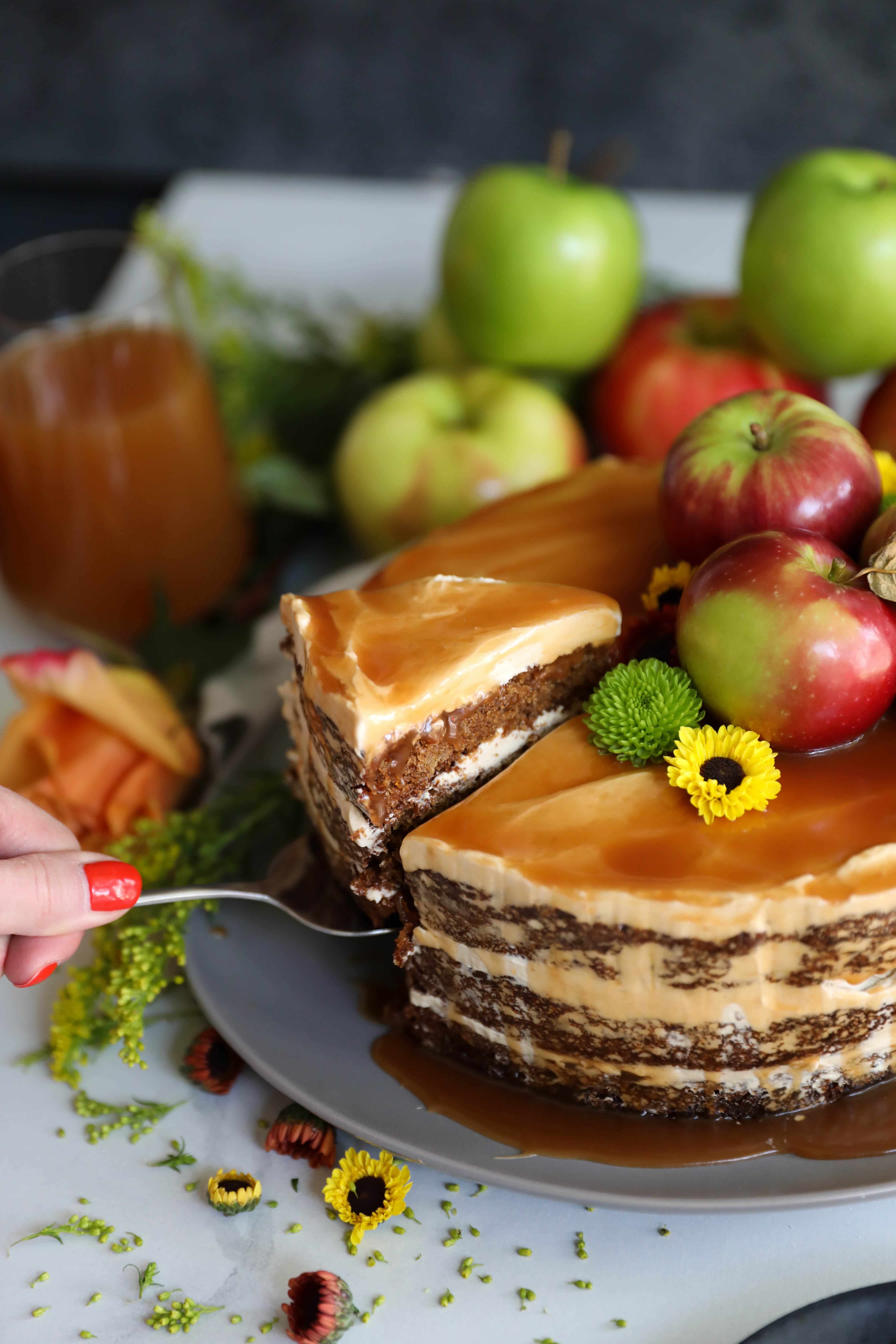 Spiced Apple Cake with Brown Sugar Buttercream and Apple Cider Bourbon Caramel