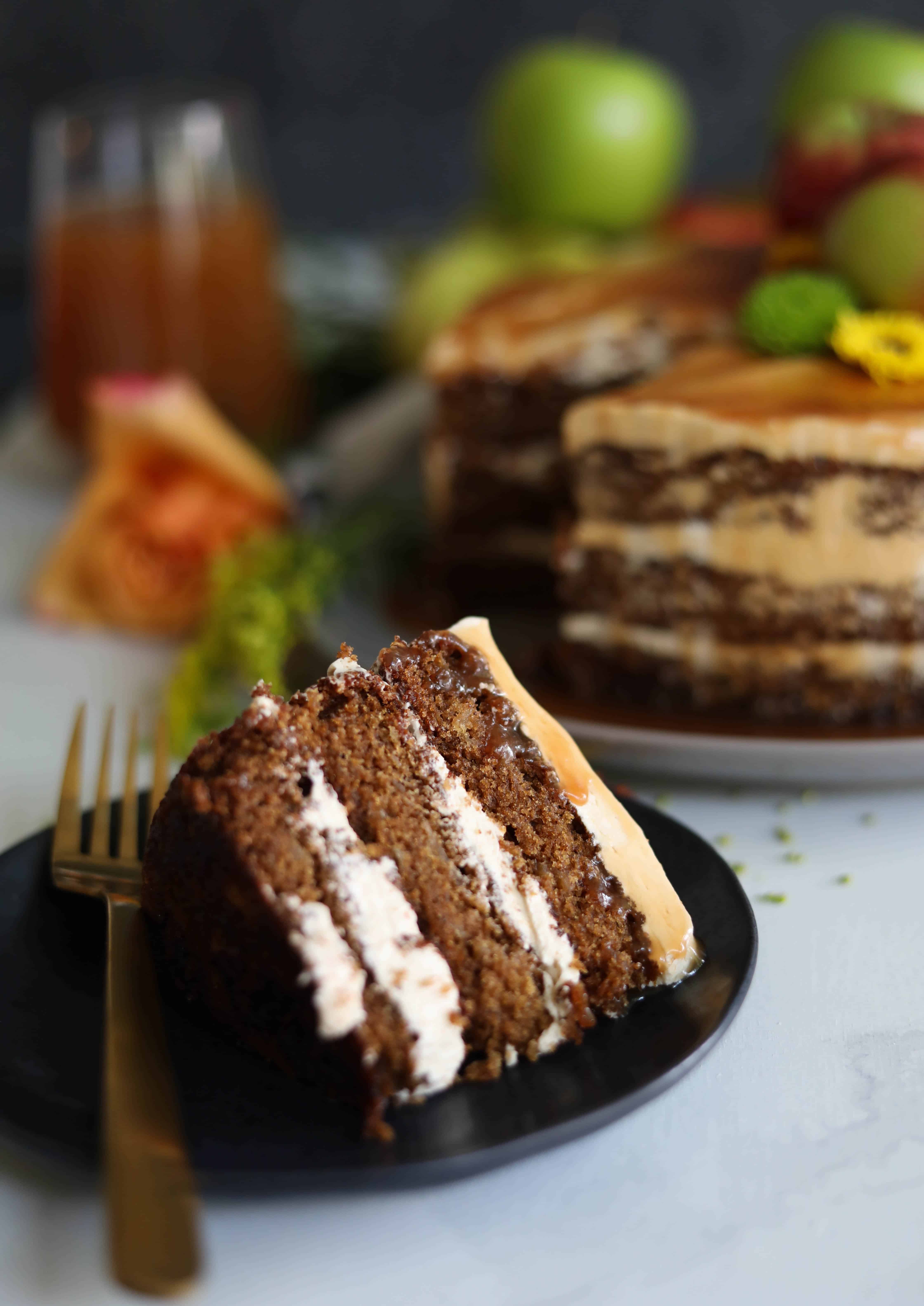 Spiced Apple Cake with Brown Sugar Buttercream and Apple Cider Bourbon Caramel