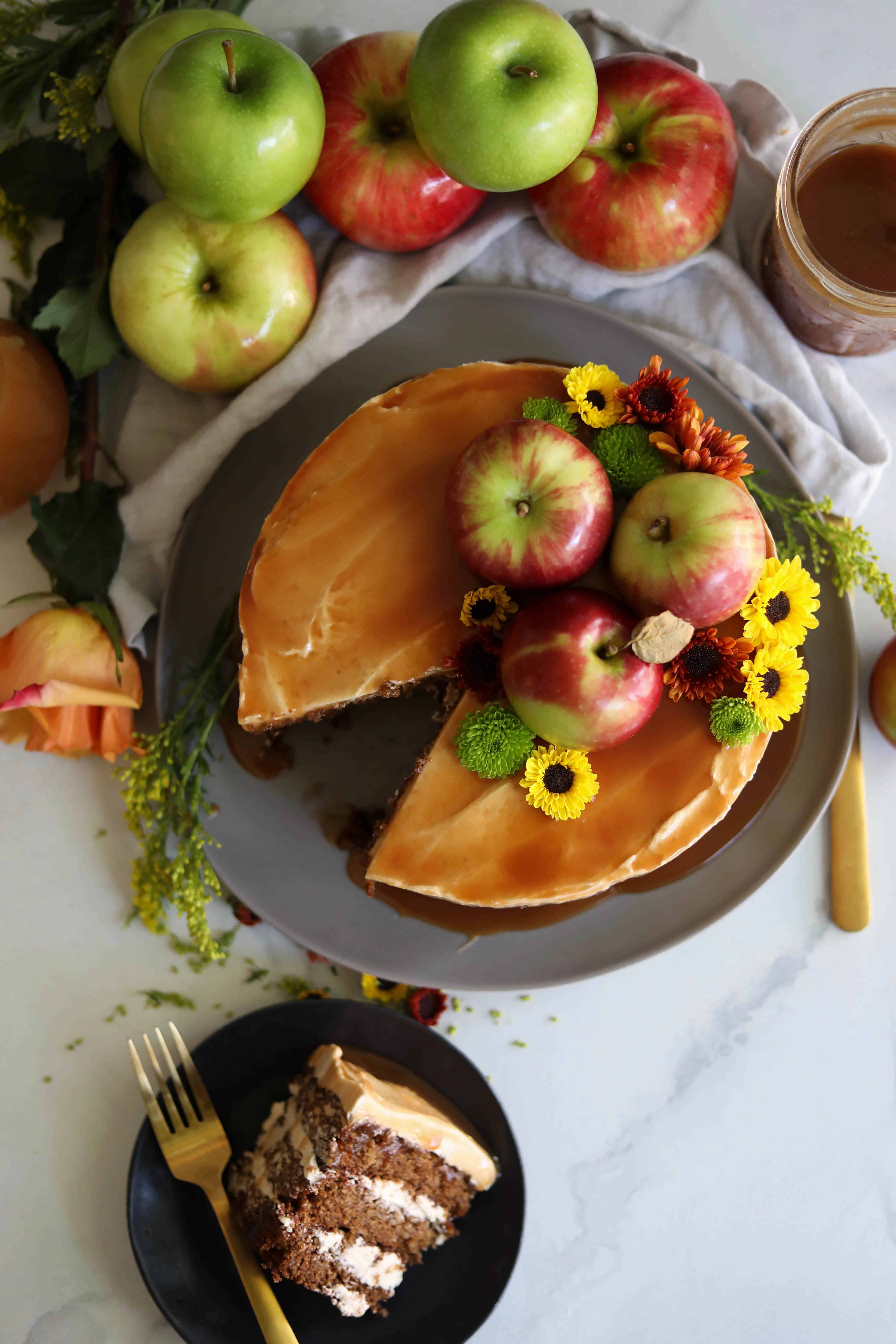 Spiced Apple Cake with Brown Sugar Buttercream and Apple Cider Bourbon Caramel